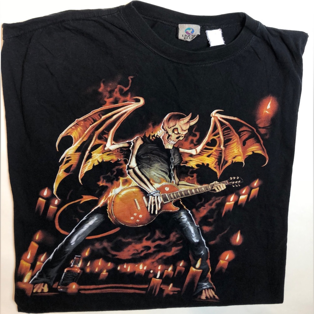 Vintage Liquid Blue Faded Black Demon Print 2007 Tshirt